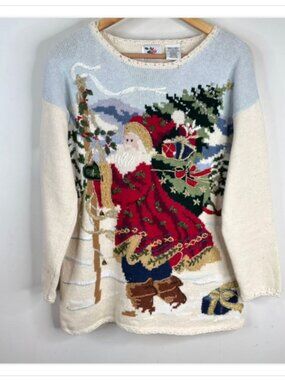VTG 90s Nutcracker Christmas Sweater S Embroidered Cream Granny Cottage Santa